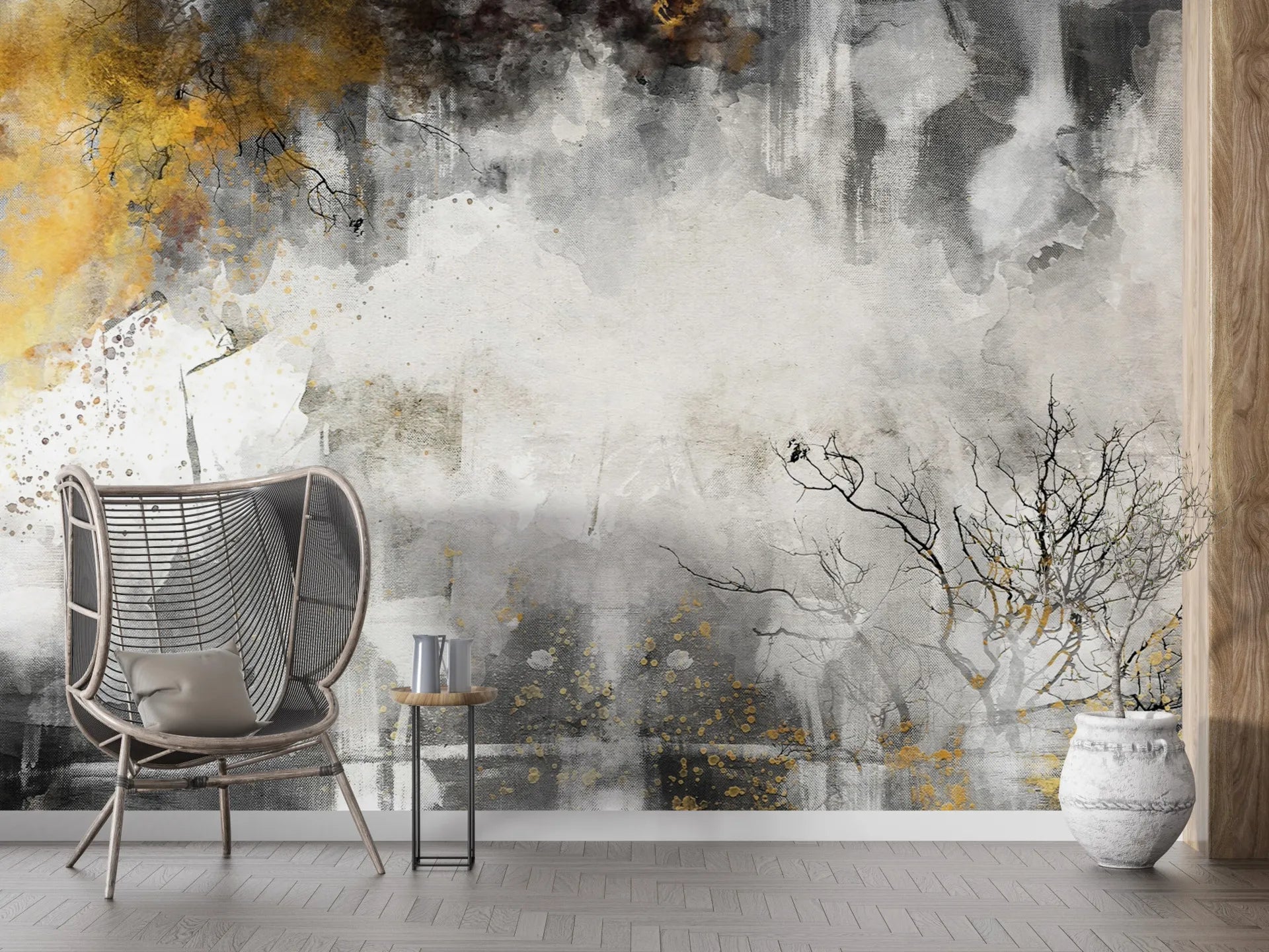 Gray and gold Trees Gold watercolor wallpaper with autumn foliage in modern living room setting