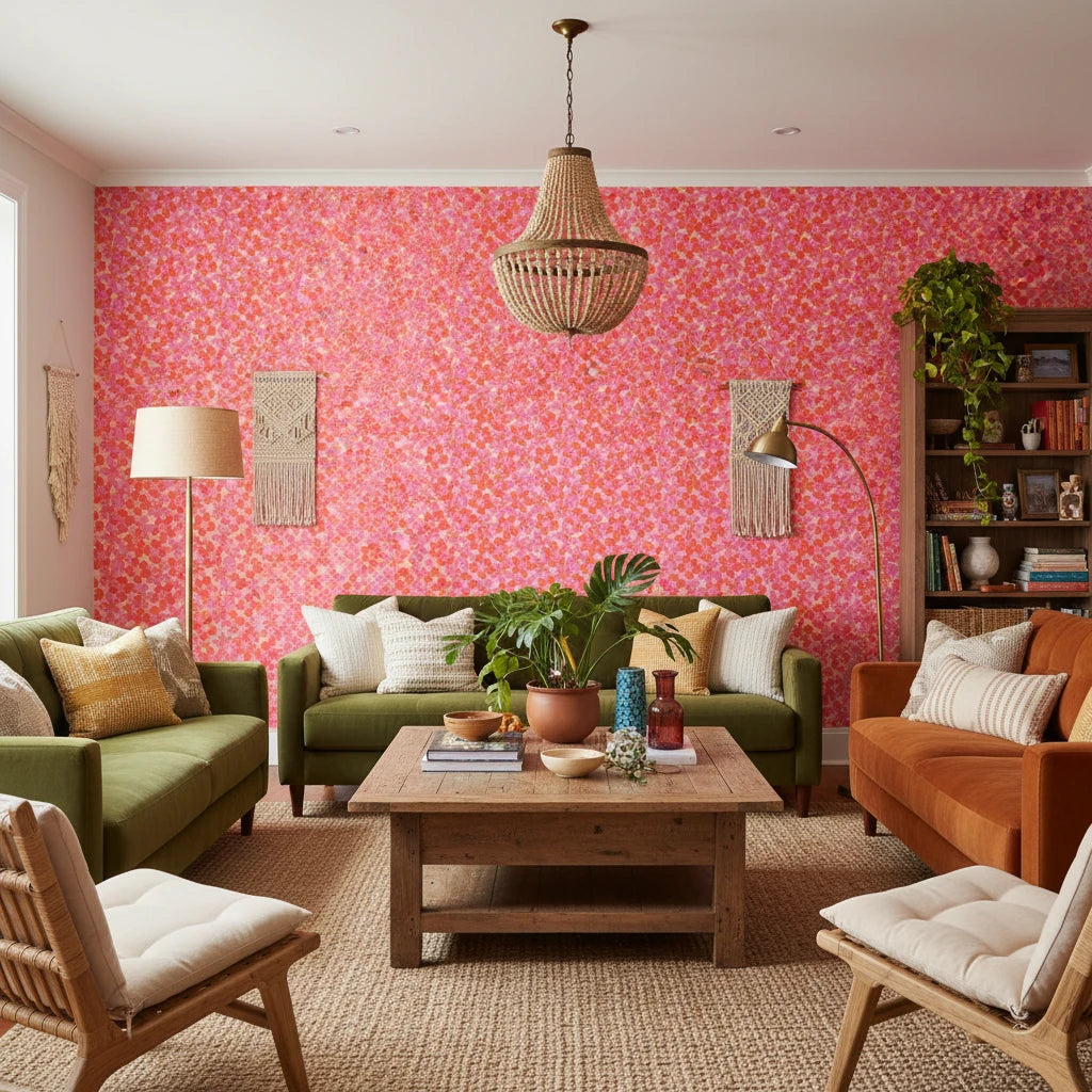 Tropic Flame bold pink and orange tropical wallpaper in a warm and inviting living room
