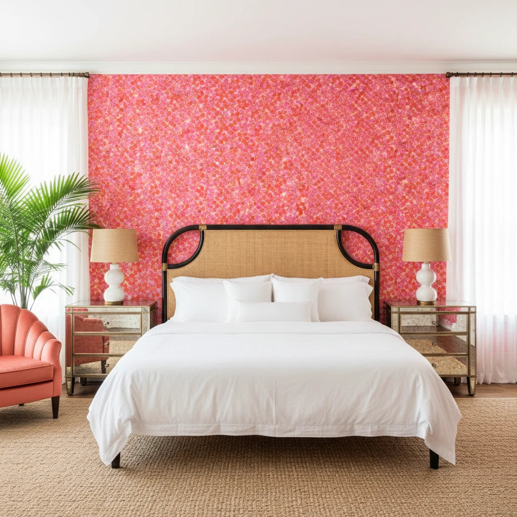 Tropic Flame bold pink and orange tropical wallpaper adding character to a cozy bedroom