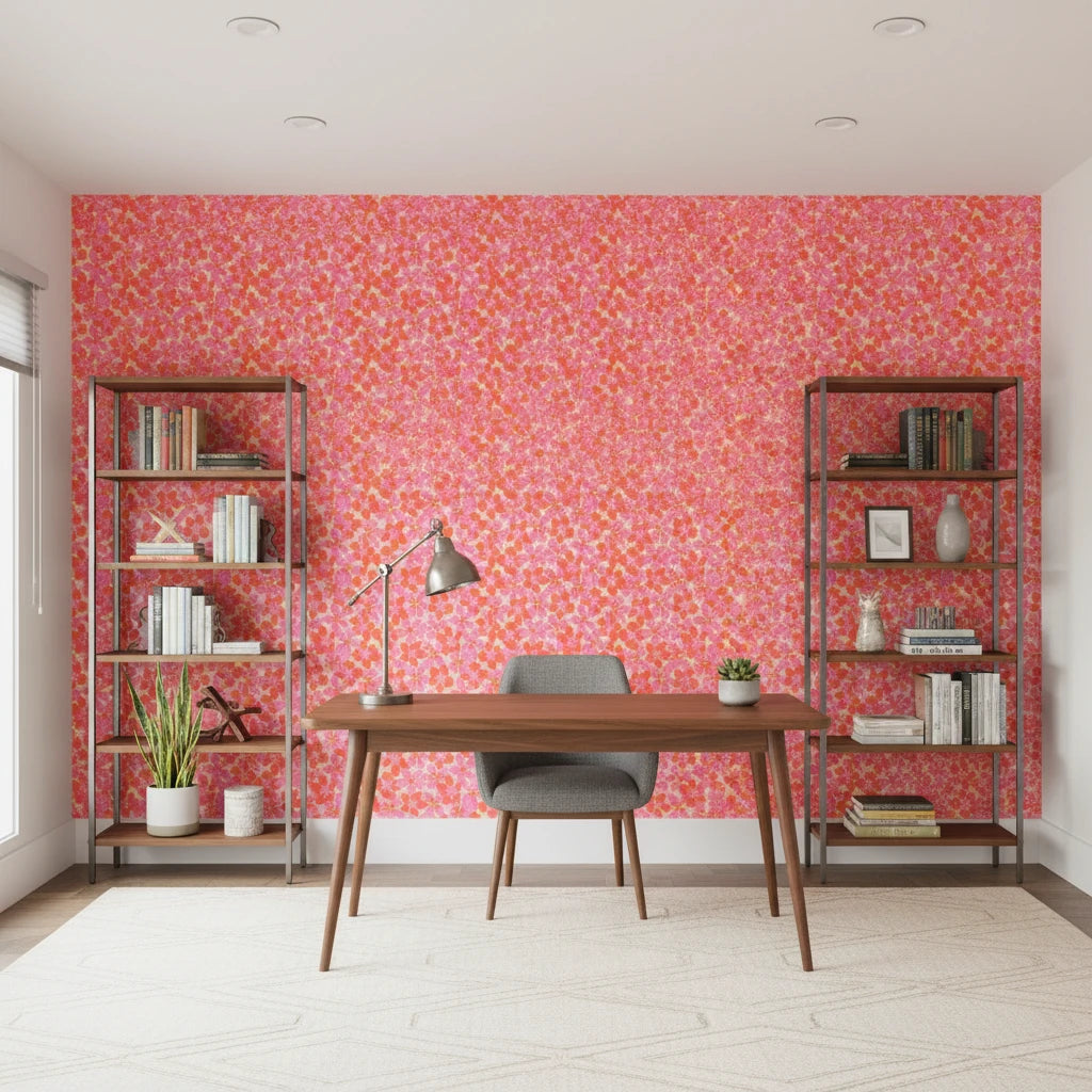 Tropic Flame bold pink and orange tropical wallpaper as a feature wall in a bright home office