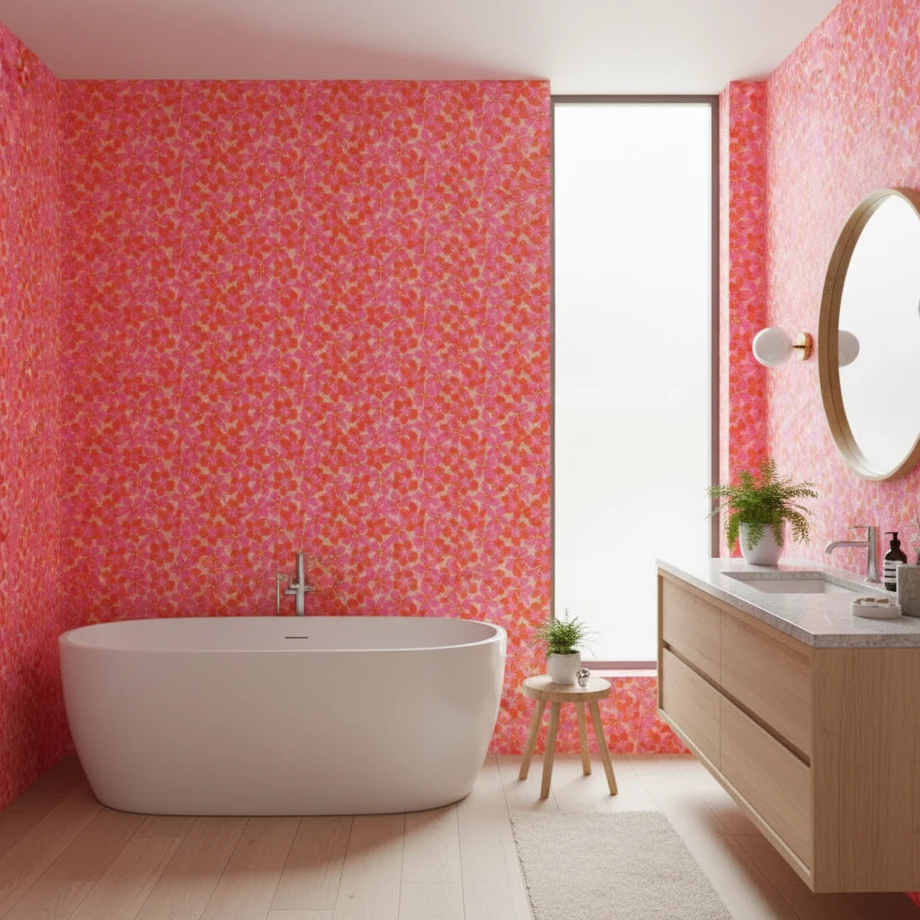 Tropic Flame bold pink and orange tropical wallpaper creating ambiance in a serene bathroom