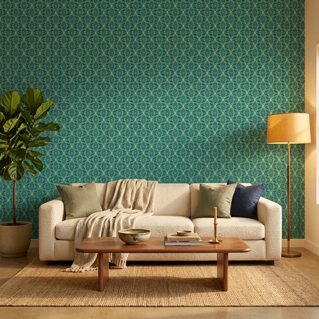 Tropical Prism bold blue and teal geometric wallpaper creating ambiance in a serene bathroom