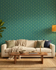 Tropical Prism bold blue and teal geometric wallpaper creating ambiance in a serene bathroom