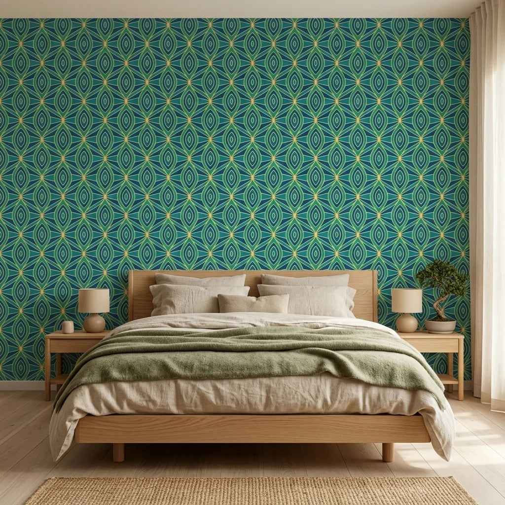 Tropical Prism bold blue and teal geometric wallpaper in a warm and inviting living room