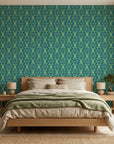 Tropical Prism bold blue and teal geometric wallpaper in a warm and inviting living room