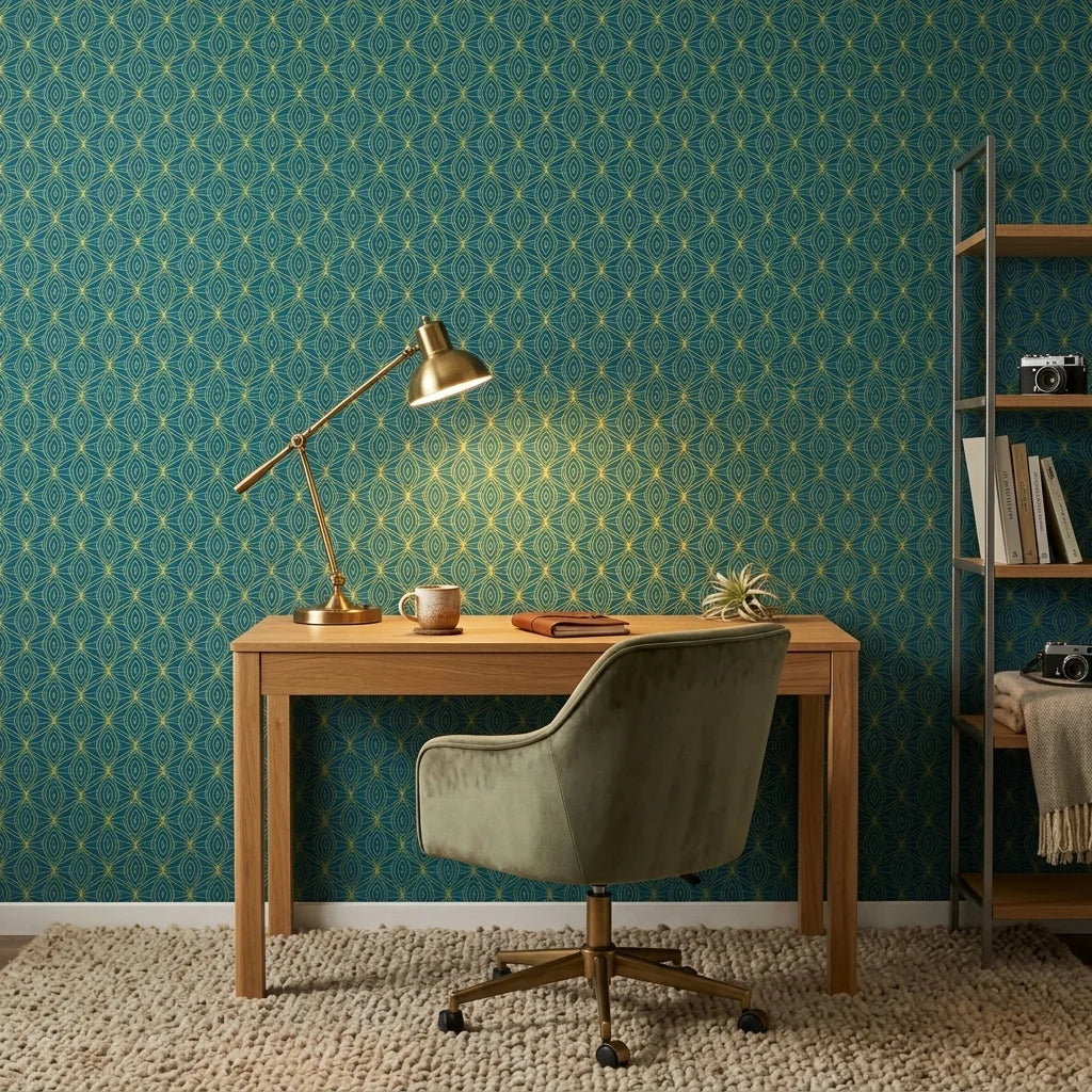 Tropical Prism bold blue and teal geometric wallpaper adding character to a cozy bedroom