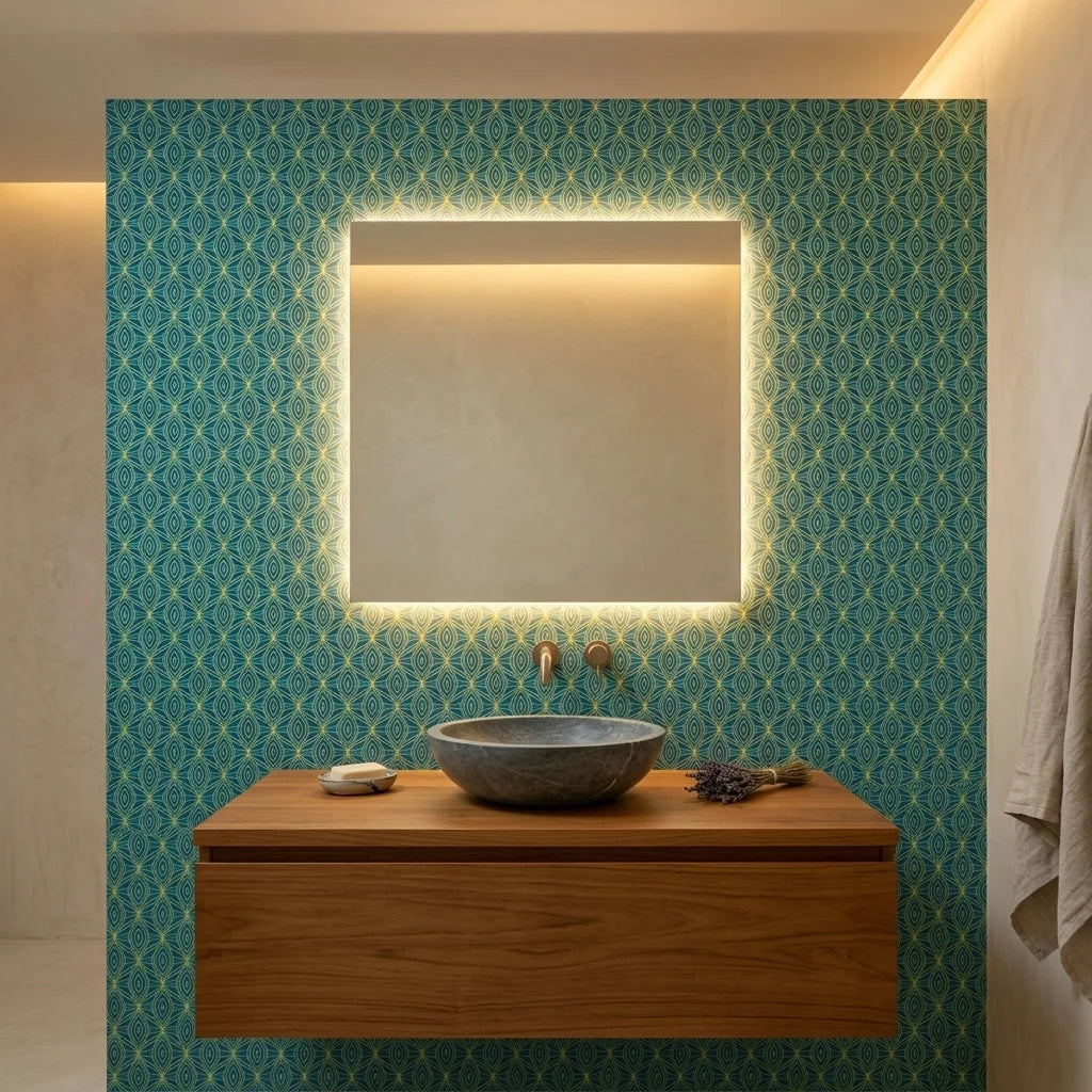 Tropical Prism bold blue and teal geometric wallpaper as a feature wall in a bright home office
