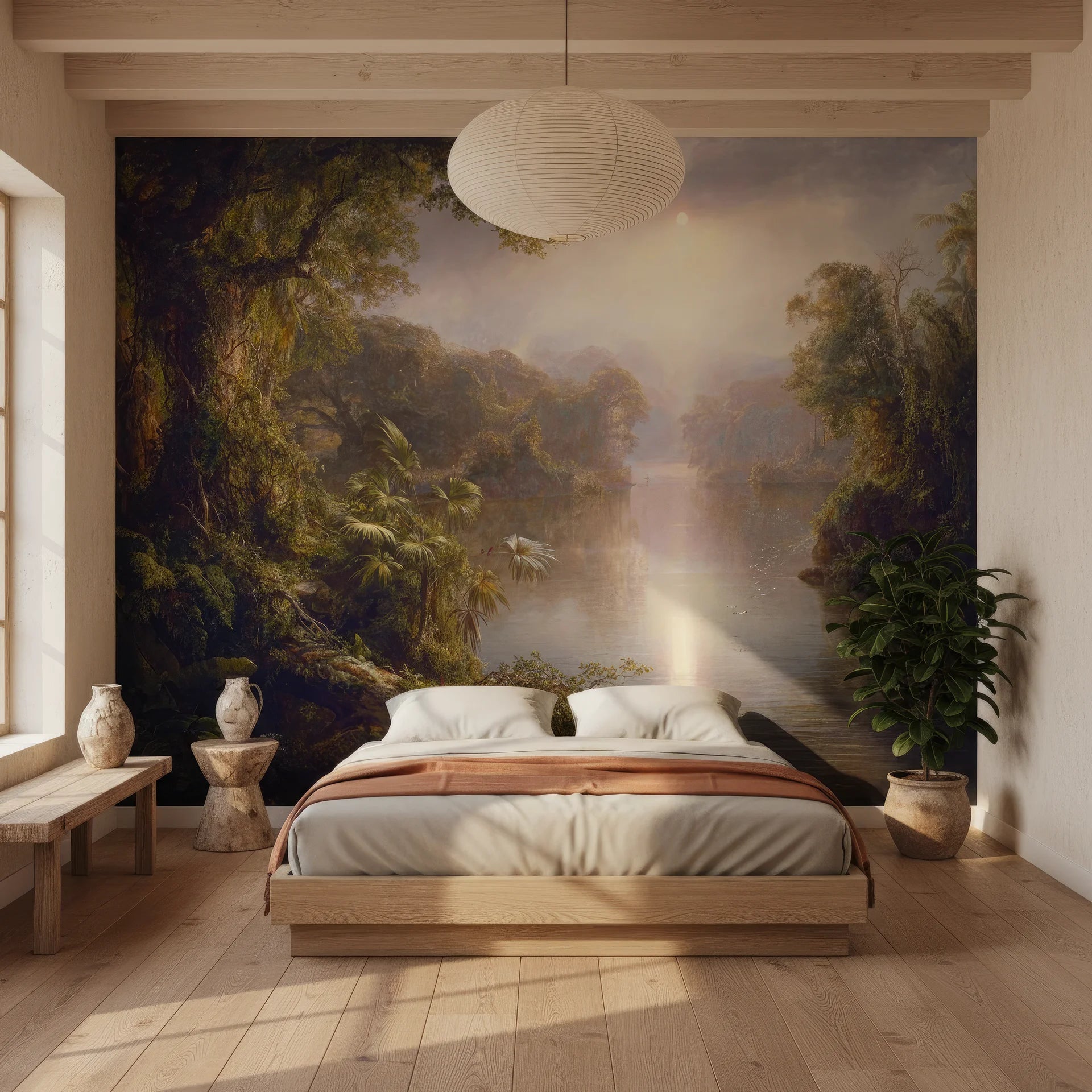 Tropical River Sanctuary mural wallpaper featuring misty jungle landscape with palms in serene bedroom setting