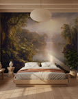 Tropical River Sanctuary mural wallpaper featuring misty jungle landscape with palms in serene bedroom setting