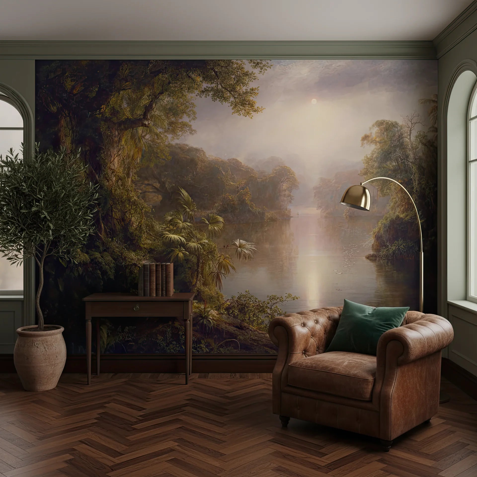 Misty river landscape with tropical foliage on Tropical River Sanctuary removable wallpaper in sage green room