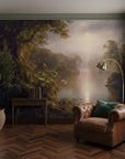 Misty river landscape with tropical foliage on Tropical River Sanctuary removable wallpaper in sage green room