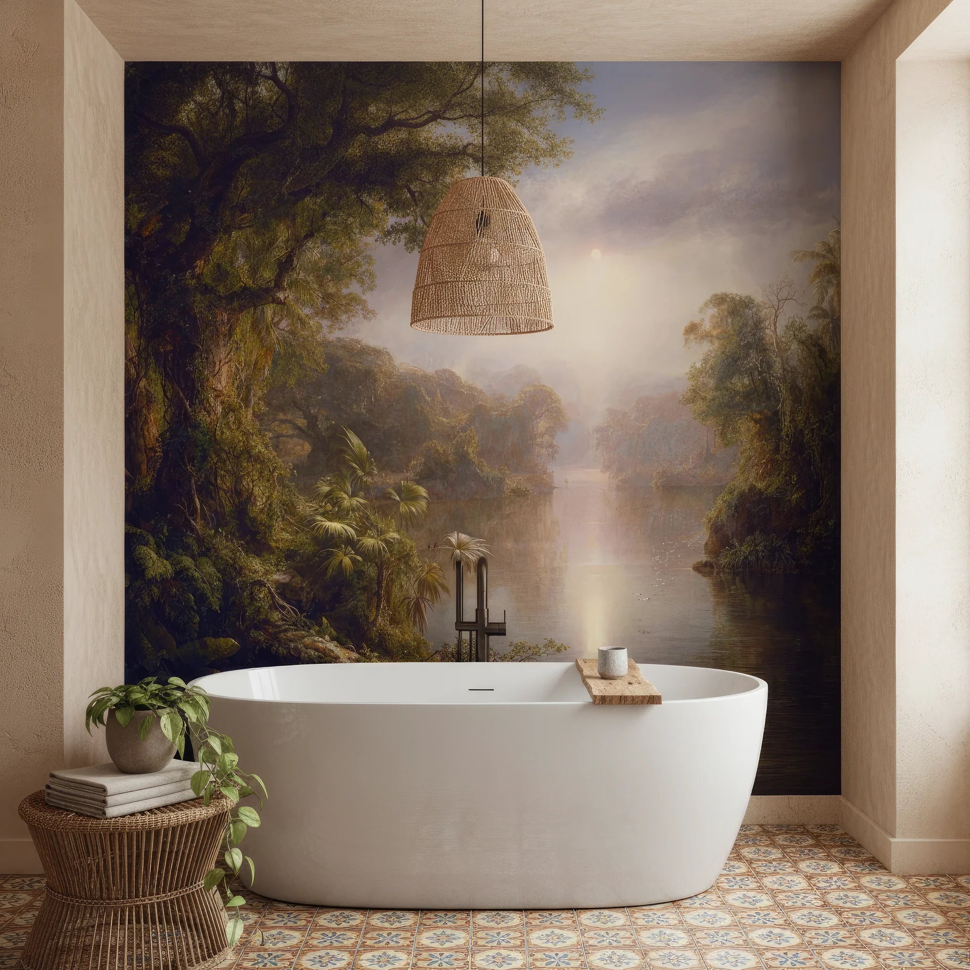 Tropical River Sanctuary wallpaper mural featuring misty jungle landscape behind freestanding bathroom tub