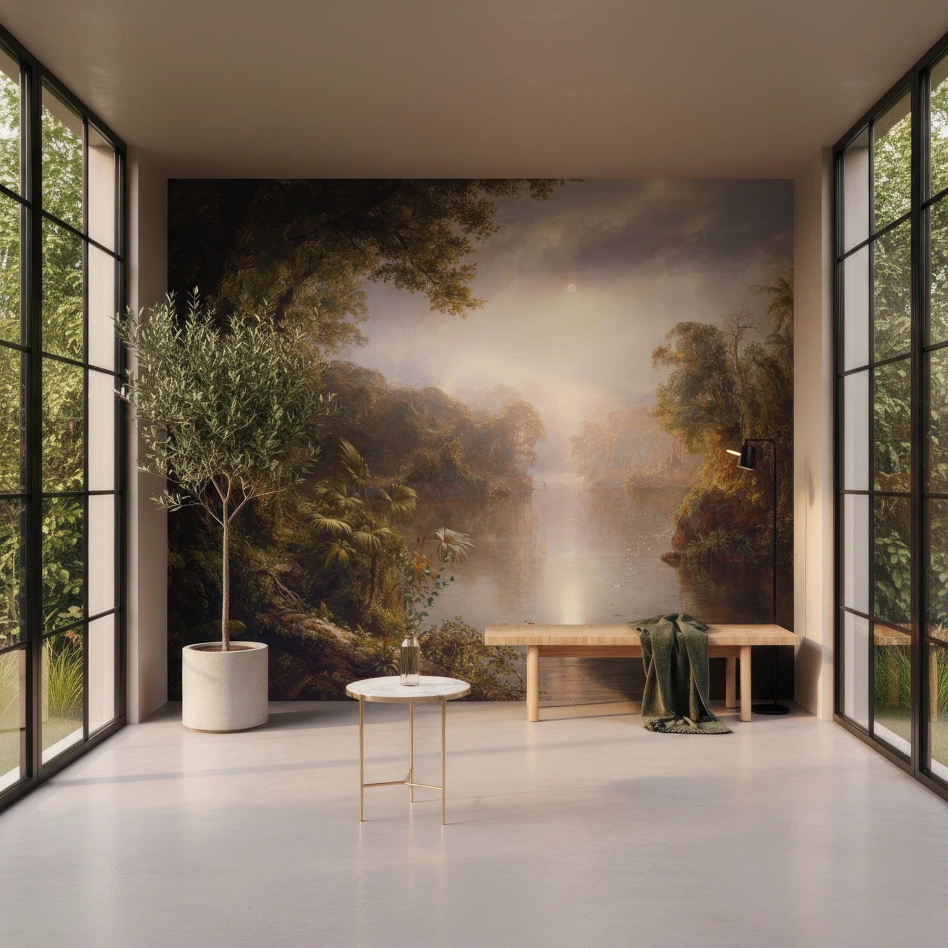Misty tropical landscape wallpaper with golden sunset glow in modern minimalist entryway setting