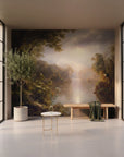 Misty tropical landscape wallpaper with golden sunset glow in modern minimalist entryway setting