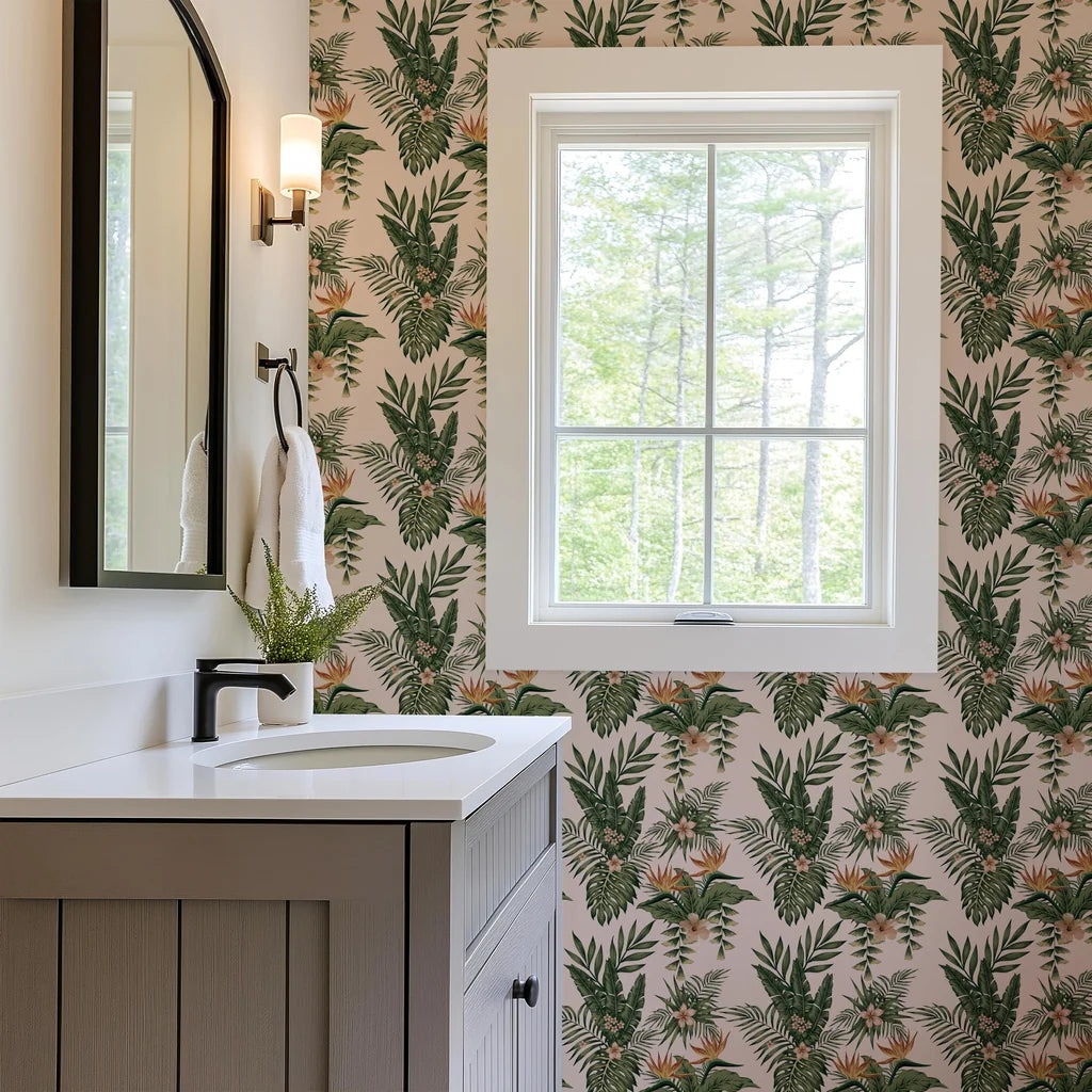 Up-close view of the wallpaper pattern, featuring numerous tropical flowers and complex, layered botanical elements