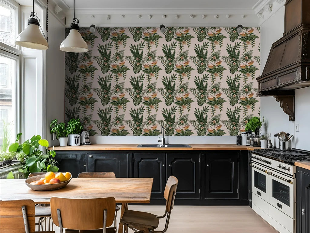 Bespoke wall mural featuring an exotic, repeating botanical plant design