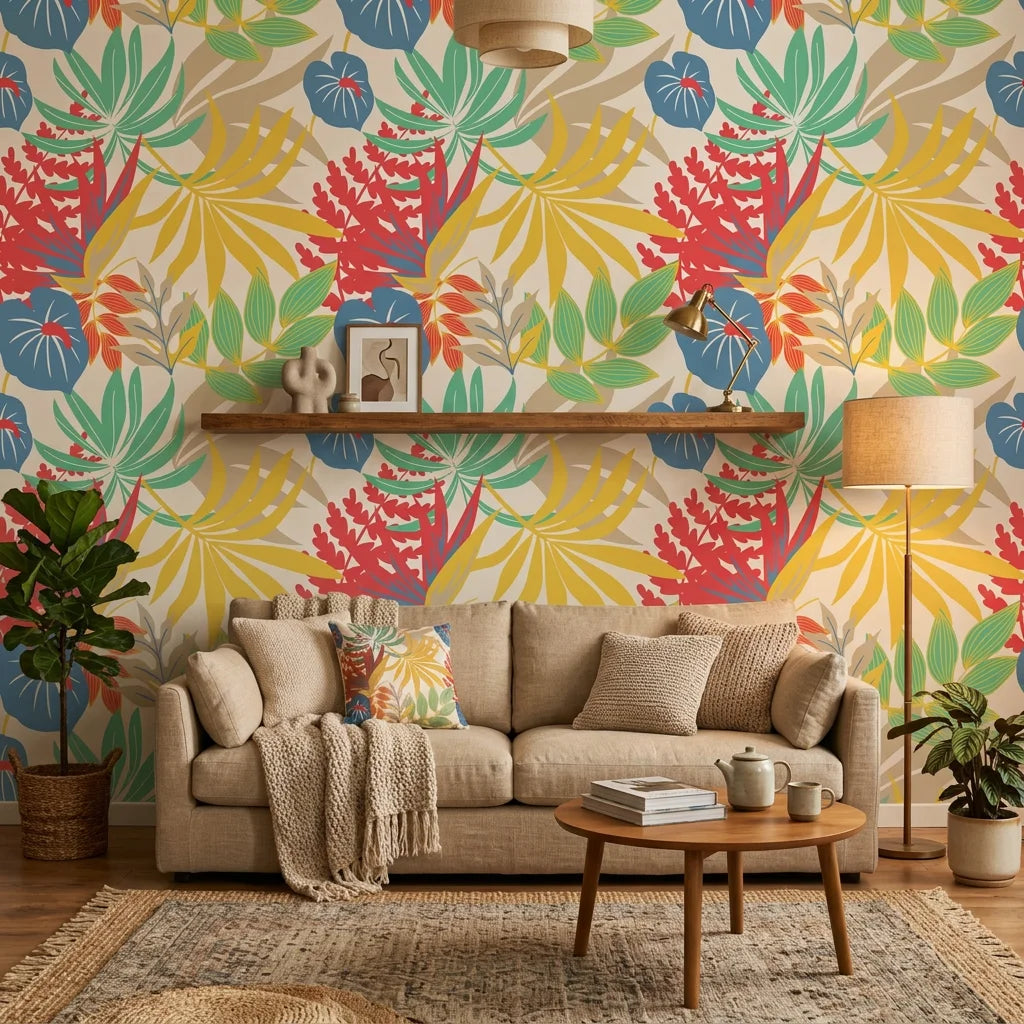 Colorful tropical leaf botanical peel and stick wallpaper - Tropics at High Noon