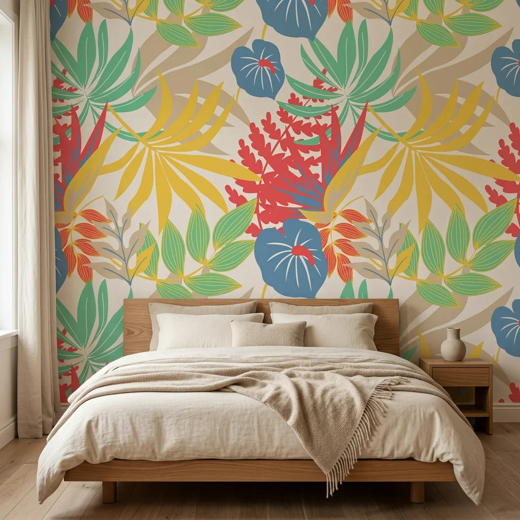 Colorful tropical leaf botanical peel and stick wallpaper - Tropics at High Noon in a warm living room