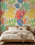 Colorful tropical leaf botanical peel and stick wallpaper - Tropics at High Noon in a warm living room