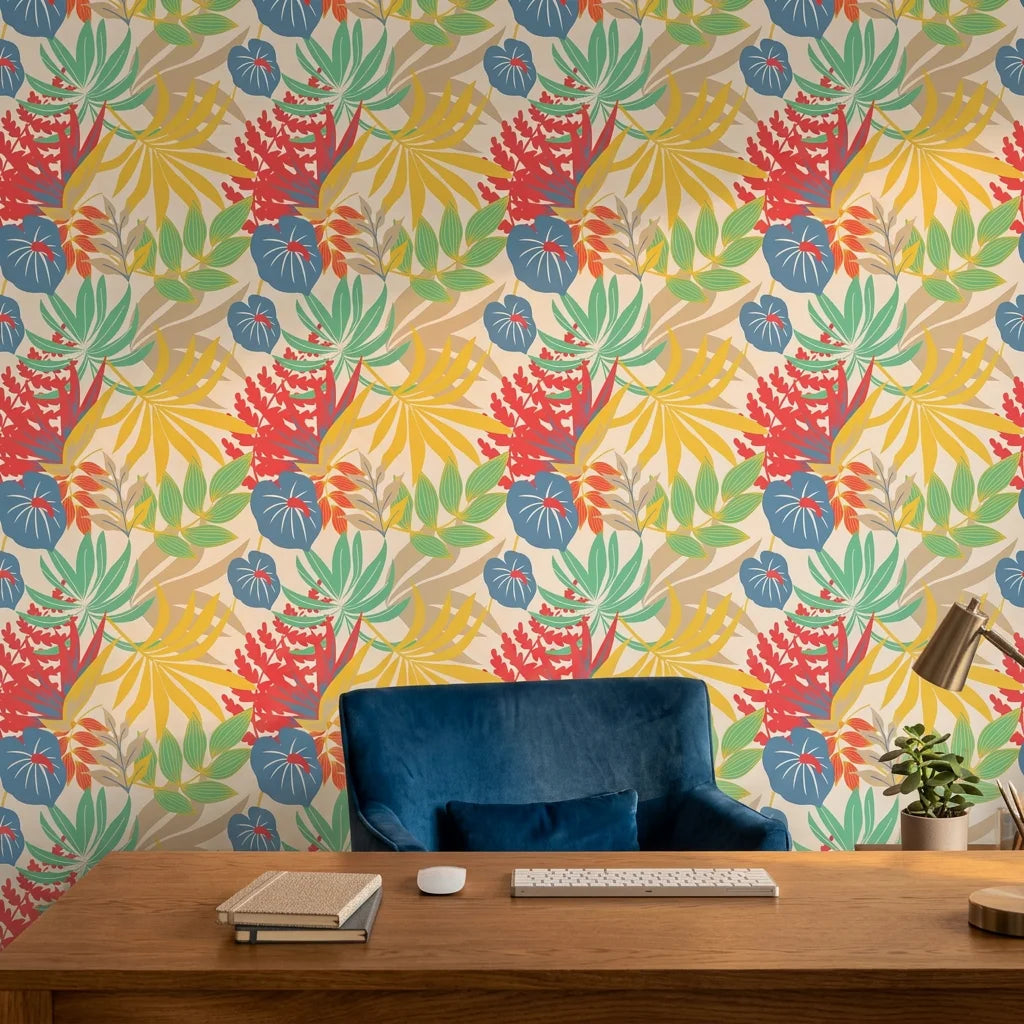 Colorful tropical leaf botanical peel and stick wallpaper - Tropics at High Noon adding character to a bedroom