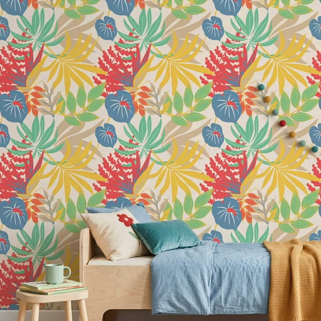 Colorful tropical leaf botanical peel and stick wallpaper - Tropics at High Noon as a feature wall in an office