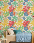 Colorful tropical leaf botanical peel and stick wallpaper - Tropics at High Noon as a feature wall in an office