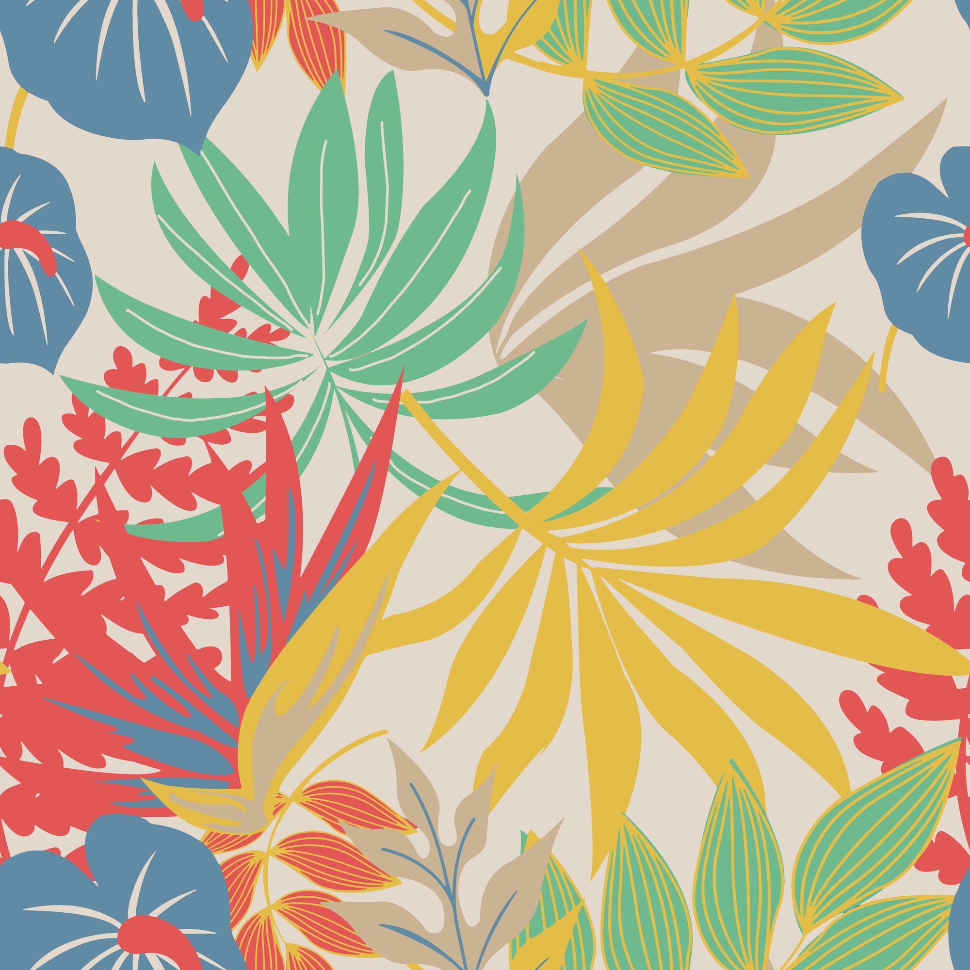 Colorful tropical leaf botanical peel and stick wallpaper - Tropics at High Noon creating ambiance in a bathroom