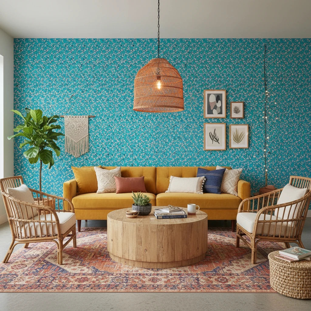 Tulip Tango bold turquoise and pink tulip wallpaper in a warm and inviting living room