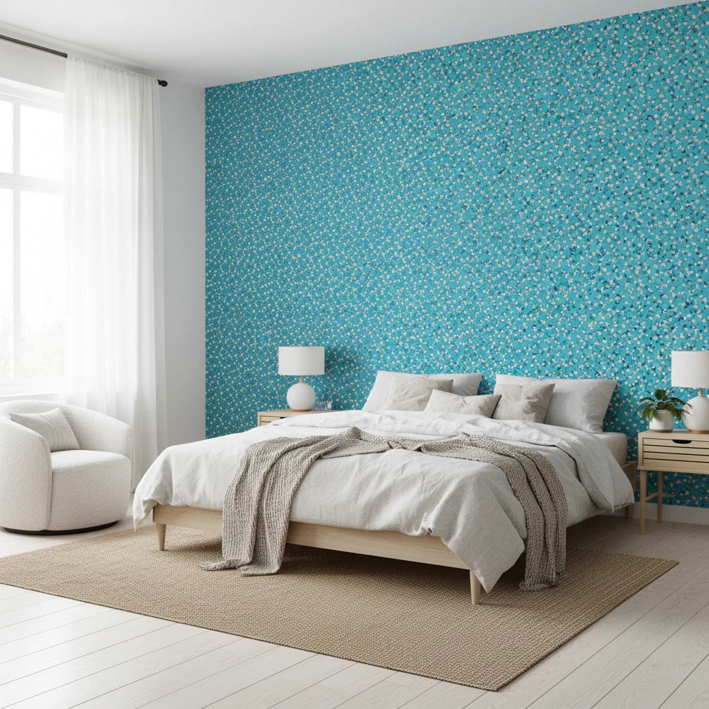 Tulip Tango bold turquoise and pink tulip wallpaper adding character to a cozy bedroom