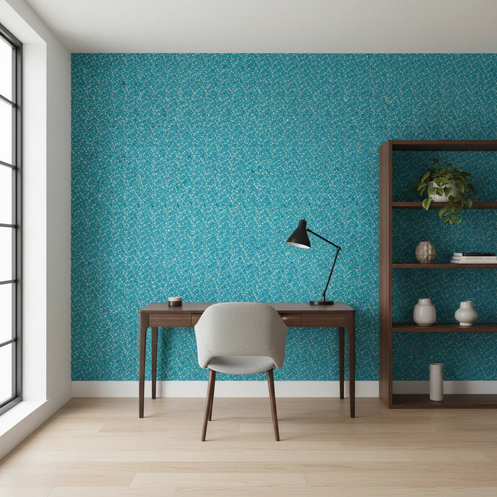 Tulip Tango bold turquoise and pink tulip wallpaper as a feature wall in a bright home office