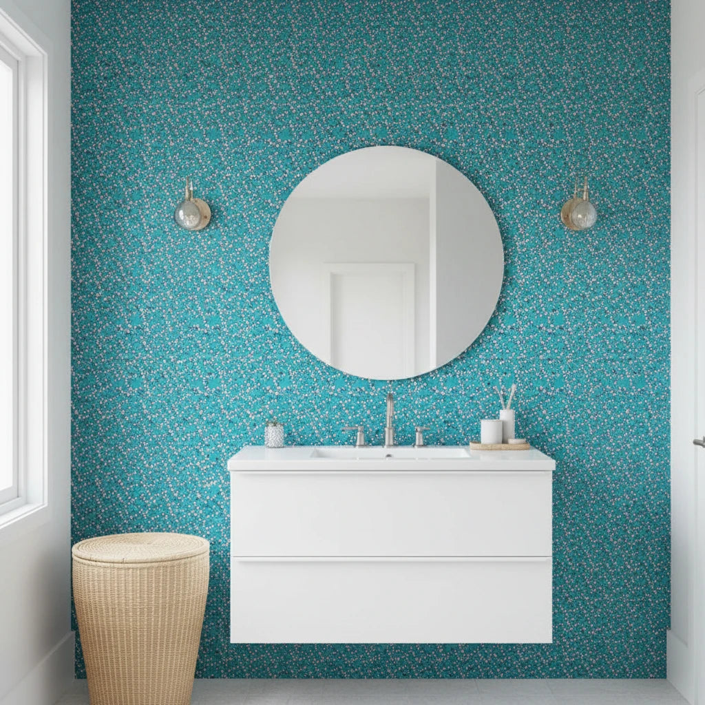 Tulip Tango bold turquoise and pink tulip wallpaper creating ambiance in a serene bathroom