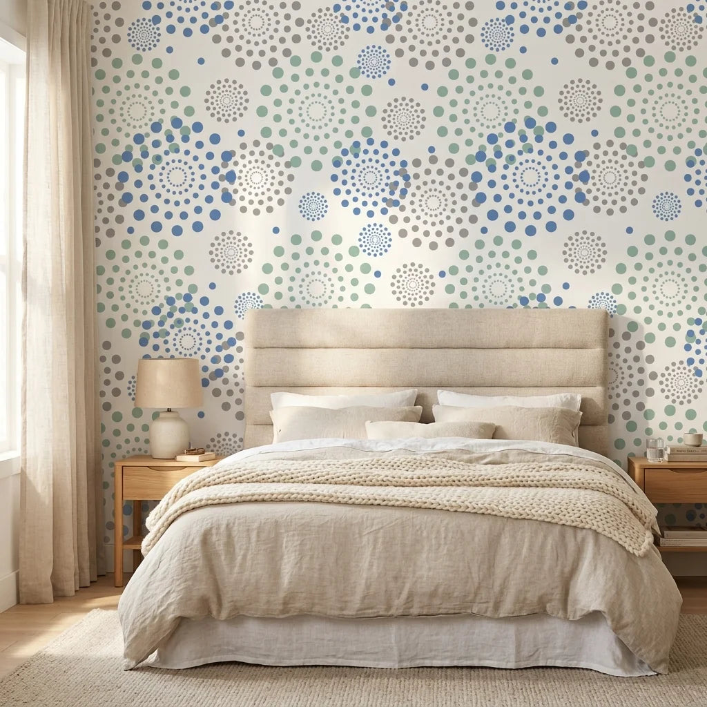 Turning Blue coastal dot peel and stick wallpaper in a warm and inviting living room