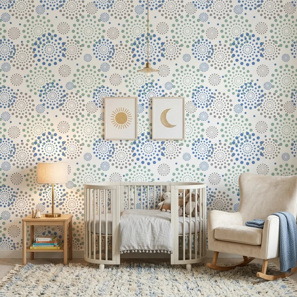 Turning Blue coastal dot peel and stick wallpaper adding character to a cozy bedroom