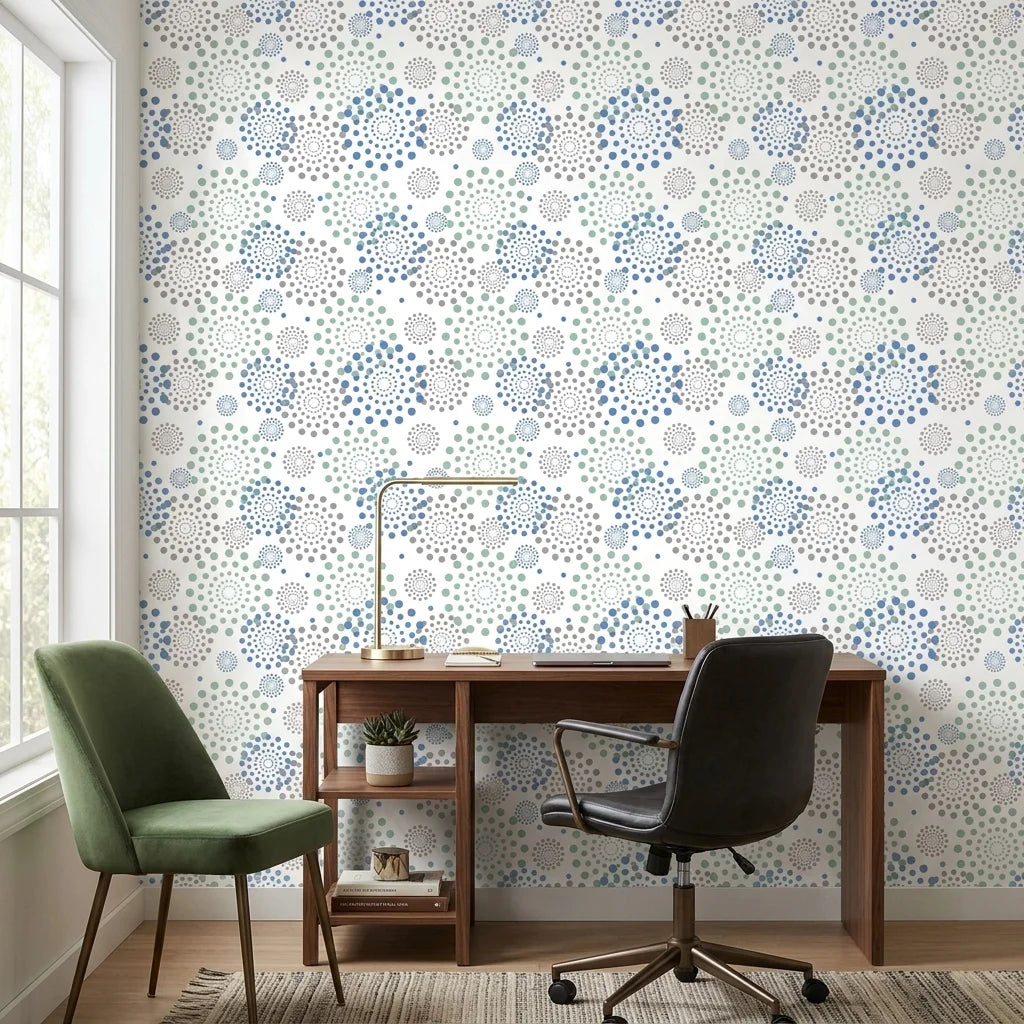 Turning Blue coastal dot peel and stick wallpaper as a feature wall in a bright home office