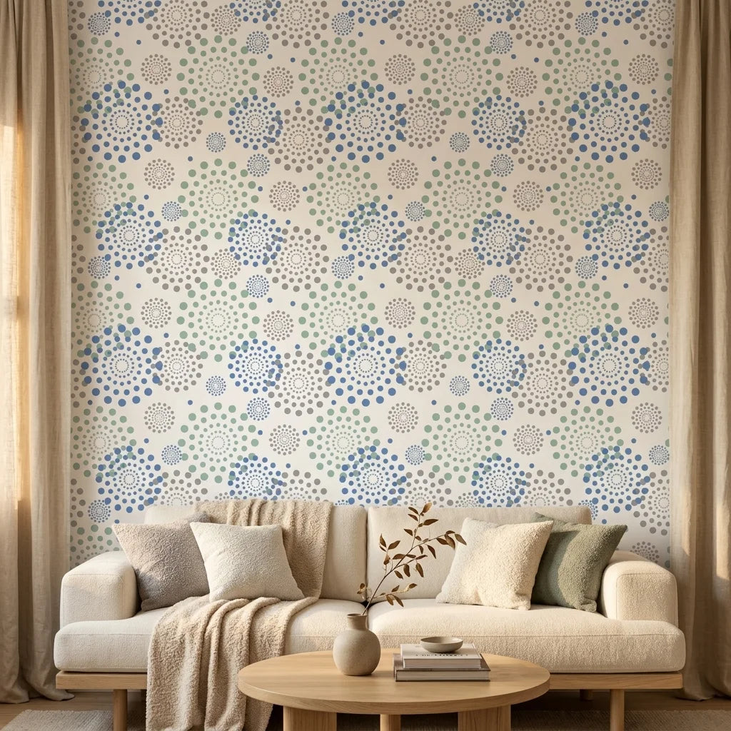 Turning Blue coastal dot peel and stick wallpaper creating ambiance in a serene bathroom