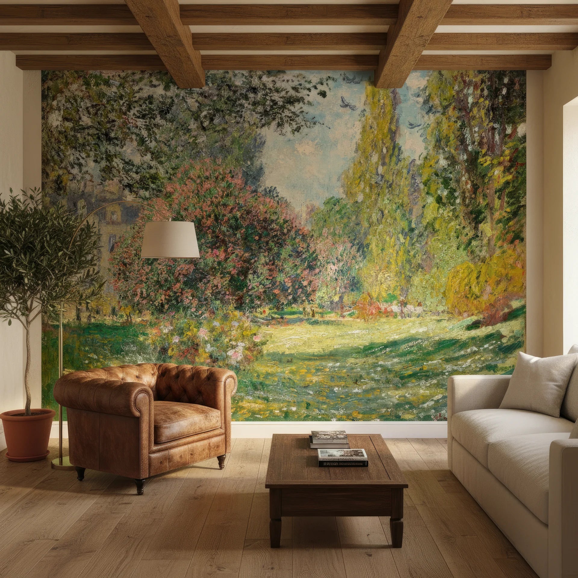 Impressionist garden mural wallpaper featuring turquoise water, blooming trees, and lush foliage in living room setting