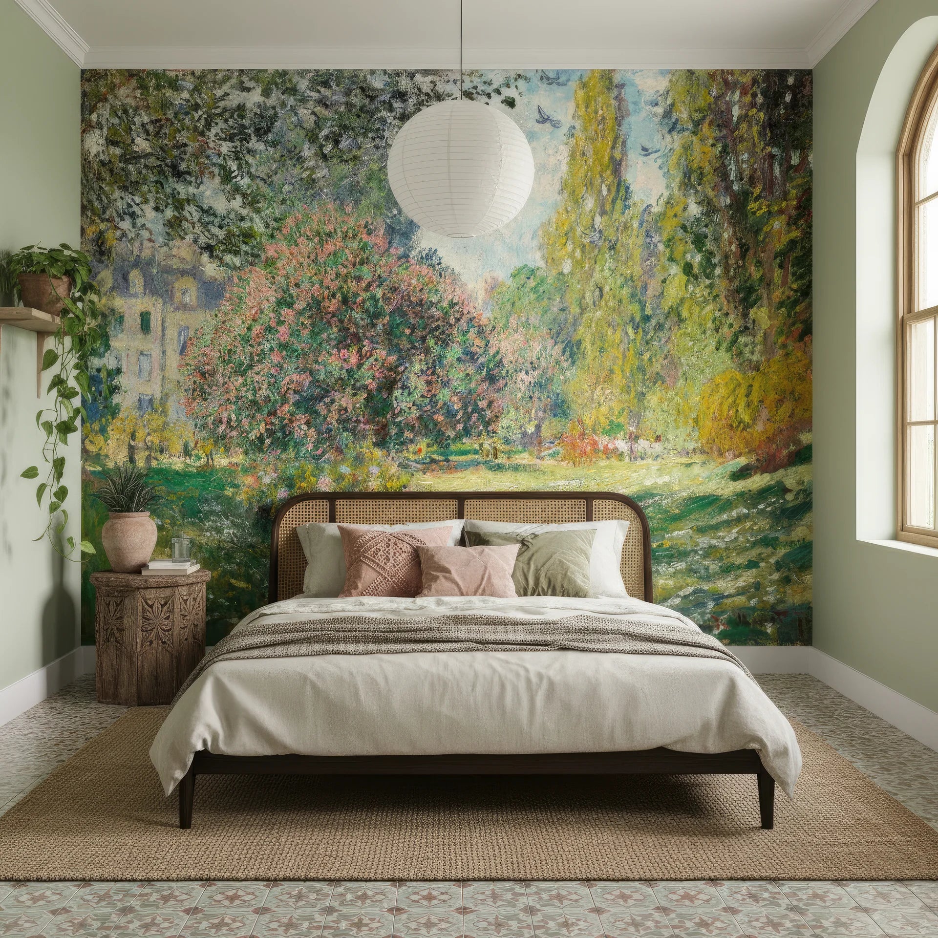 Impressionist garden mural wallpaper with pink blossoms and willow trees on bedroom accent wall