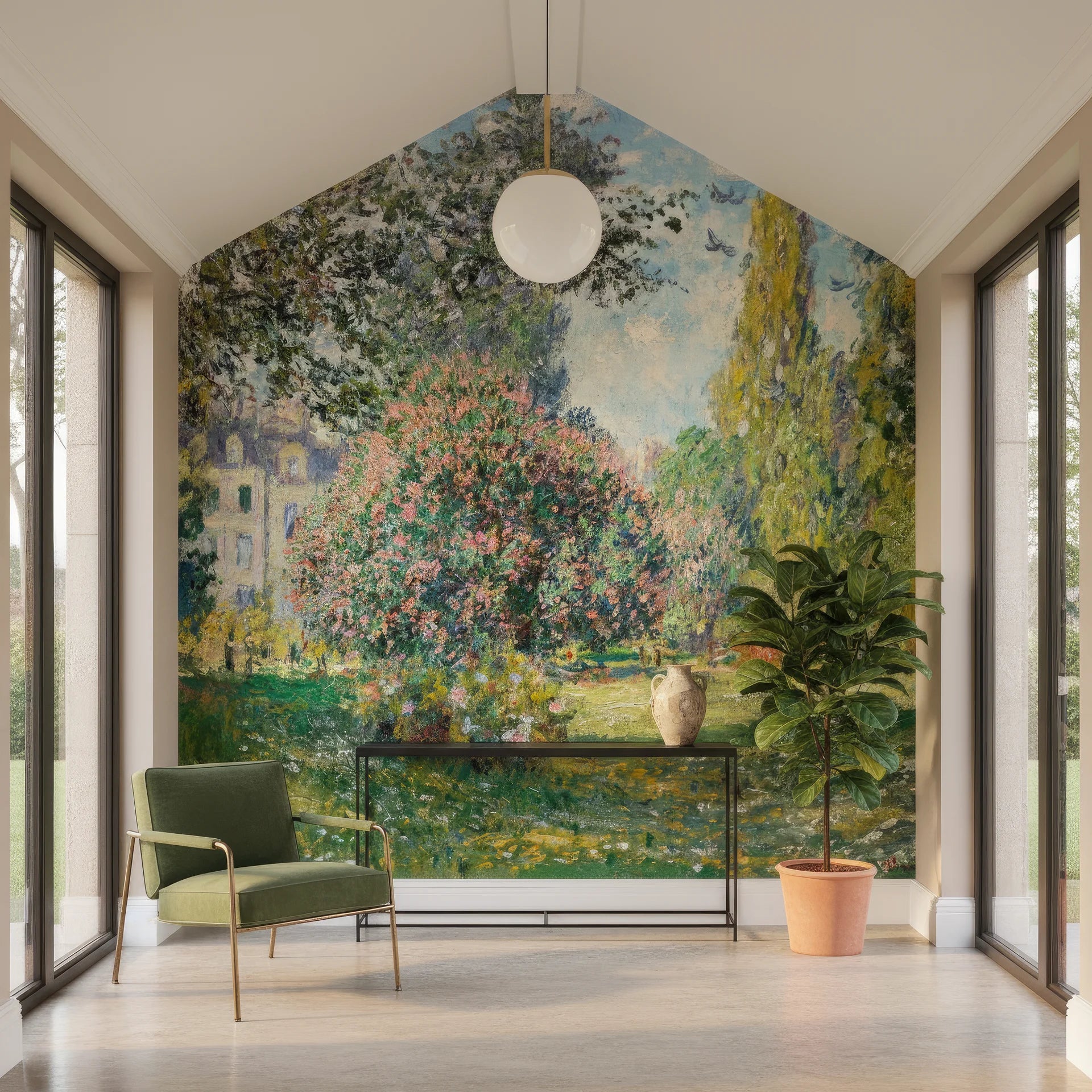 Impressionist garden mural wallpaper featuring blooming trees and Parisian architecture in soft pastels