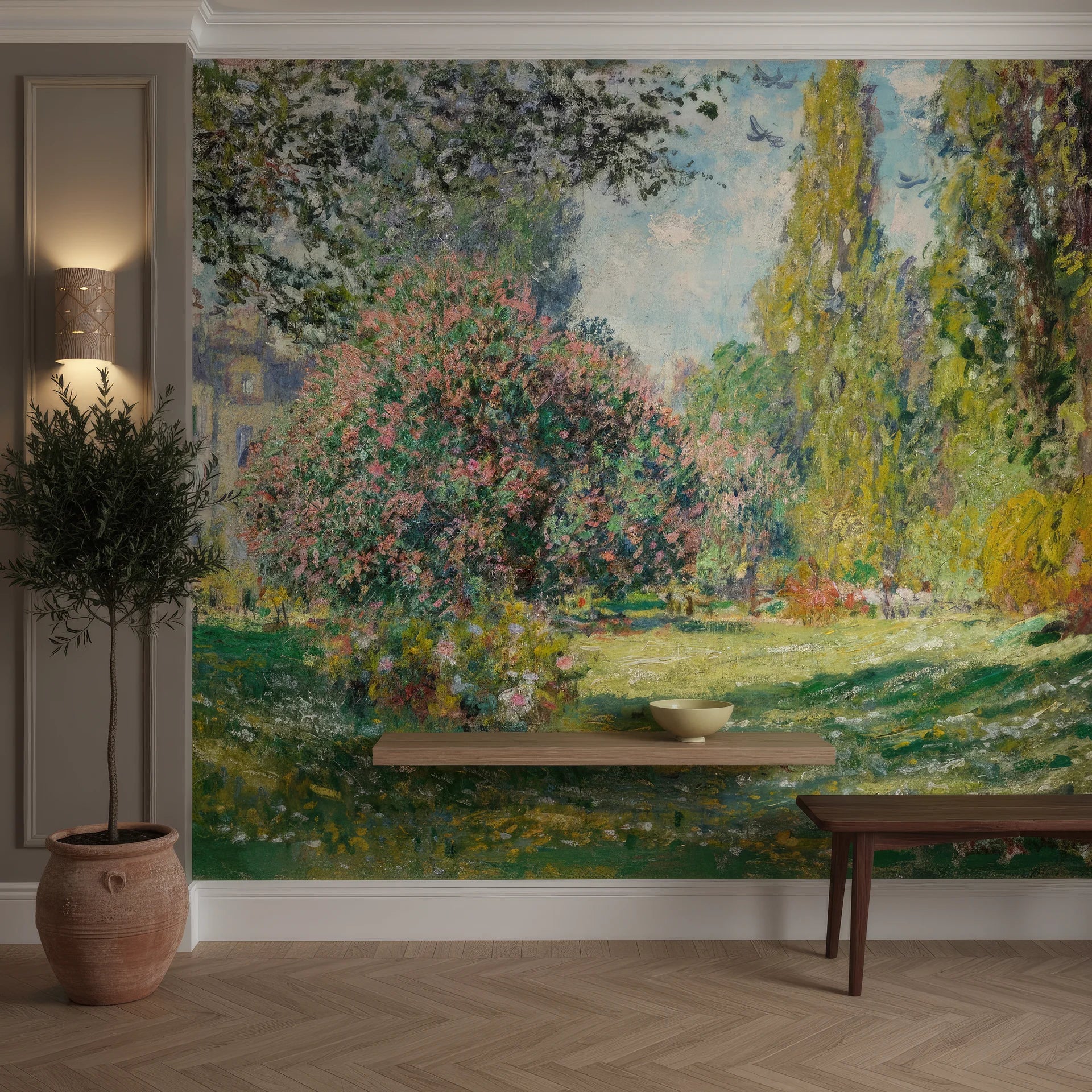 Impressionist garden mural wallpaper featuring pink flowering trees and golden willows in Turquoise Blossoms design