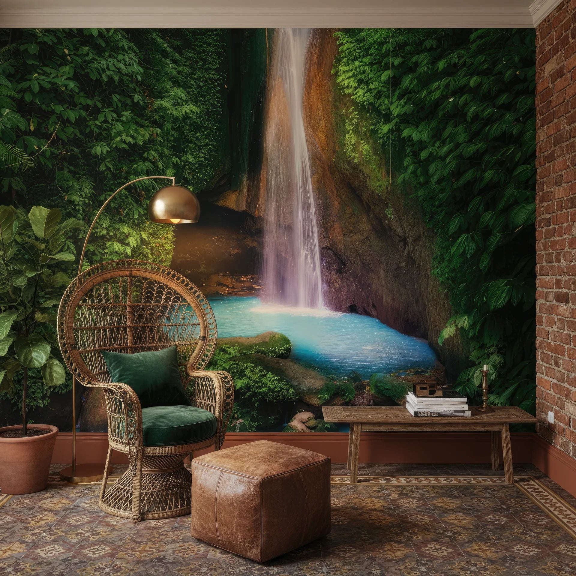 Turquoise colored waterfall in natural cavern removable wall mural