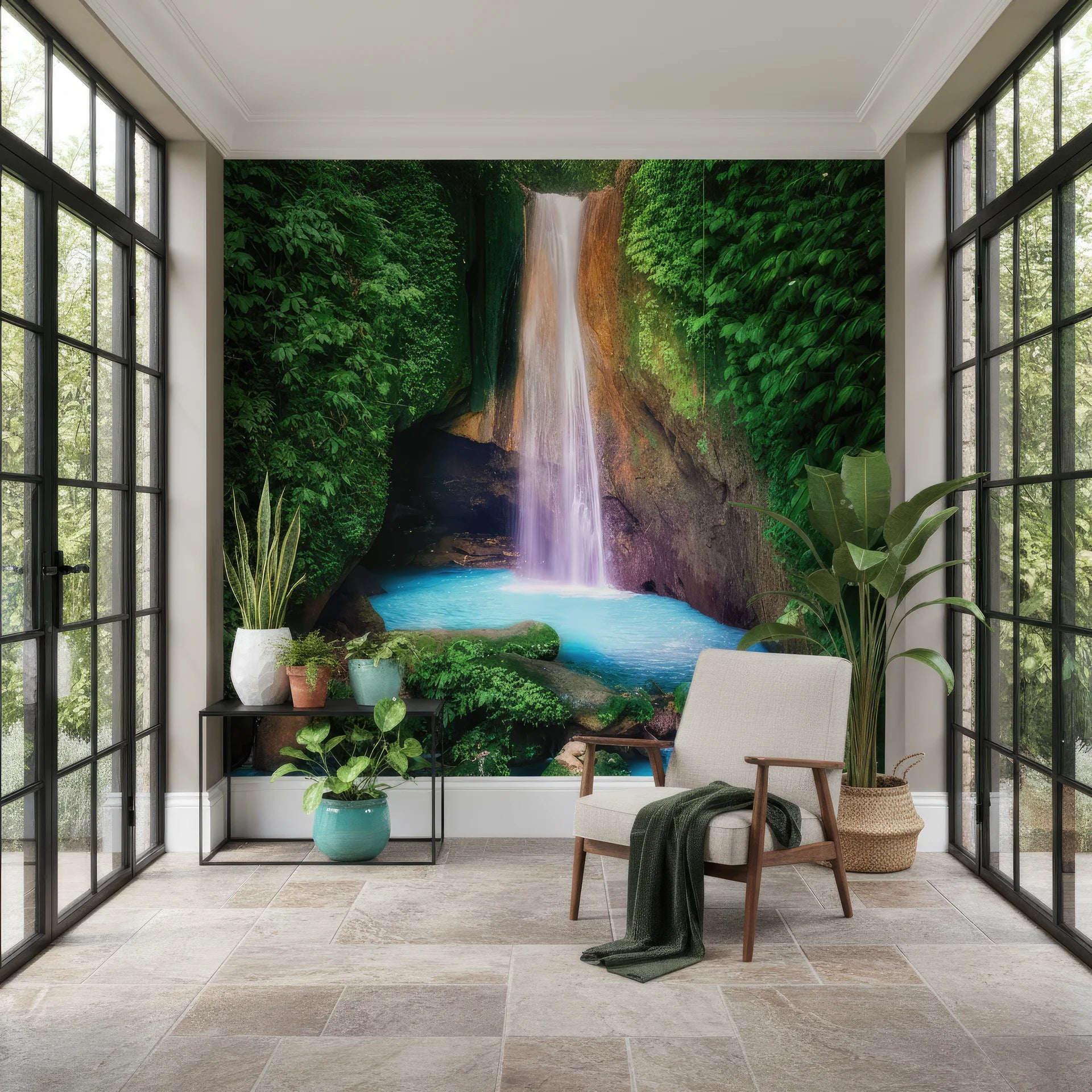 Brilliant turquoise water flowing in waterfall peel and stick wallpaper