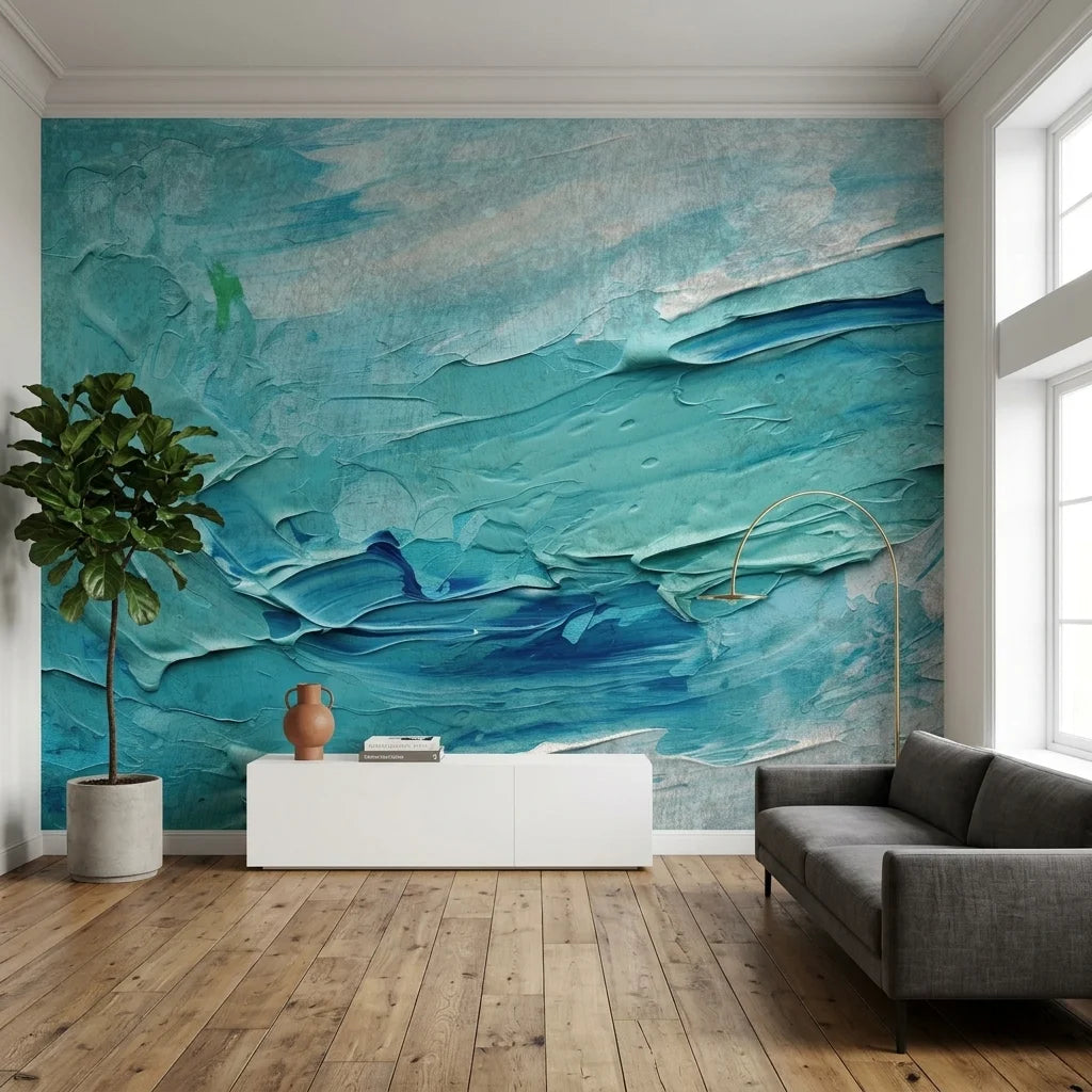 Textured turquoise blue impasto ocean abstract peel and stick wallpaper - Turquoise Surge
