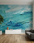 Textured turquoise blue impasto ocean abstract peel and stick wallpaper - Turquoise Surge