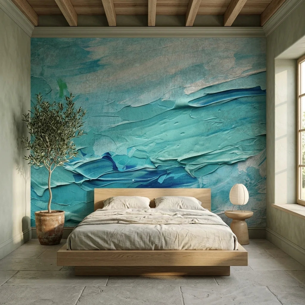 Turquoise Surge ocean blue impasto abstract wallpaper in a warm and inviting living room