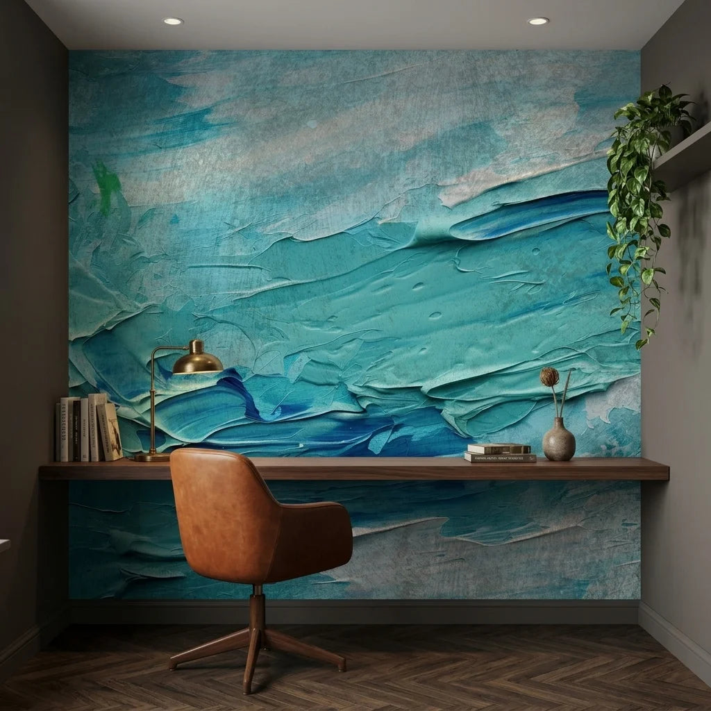 Turquoise Surge ocean blue impasto abstract wallpaper adding character to a cozy bedroom