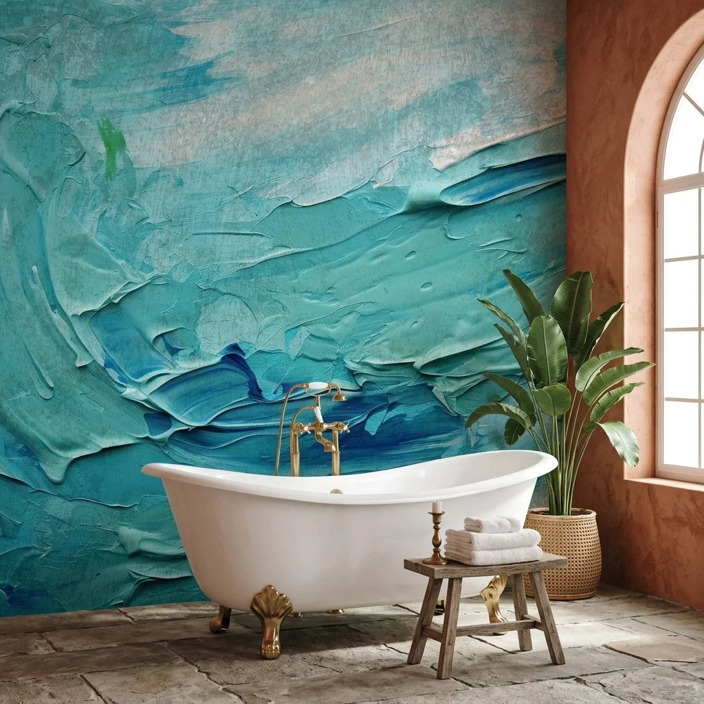 Turquoise Surge ocean blue impasto abstract wallpaper as a feature wall in a bright home office