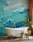 Turquoise Surge ocean blue impasto abstract wallpaper as a feature wall in a bright home office