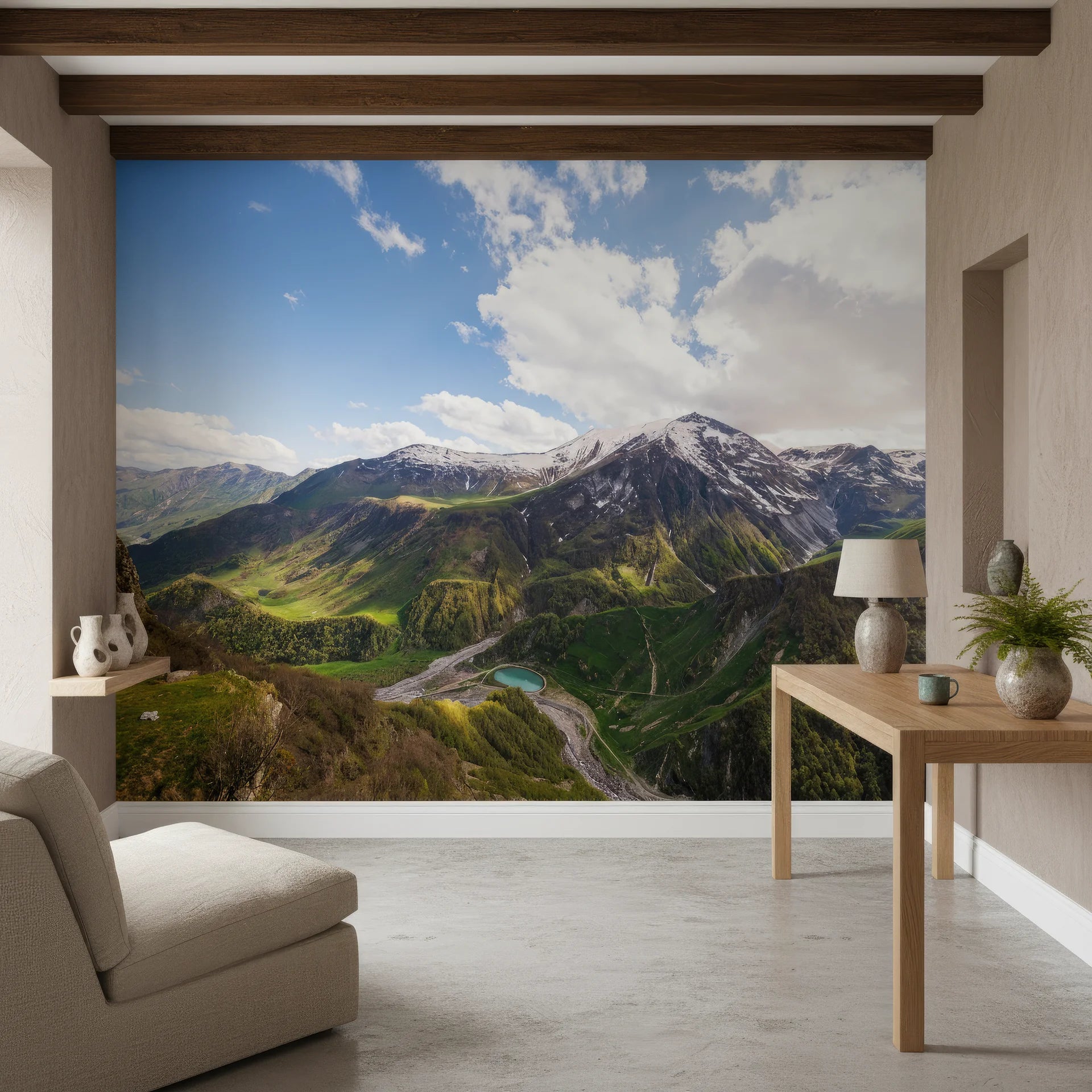 Beautiful valley vista with turquoise stream or lake peel and stick