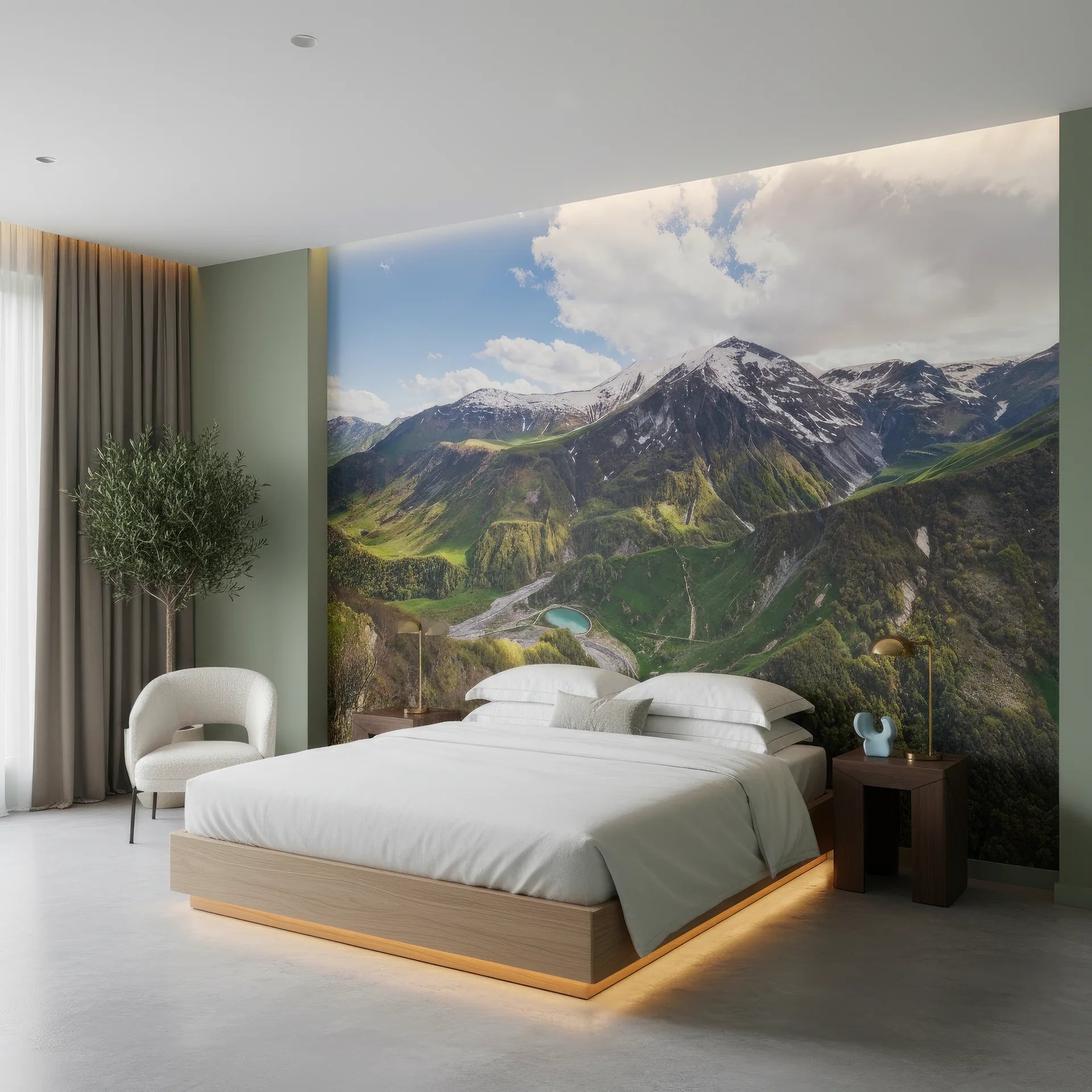 Valley scenery featuring brilliant turquoise water peel and stick wallpaper