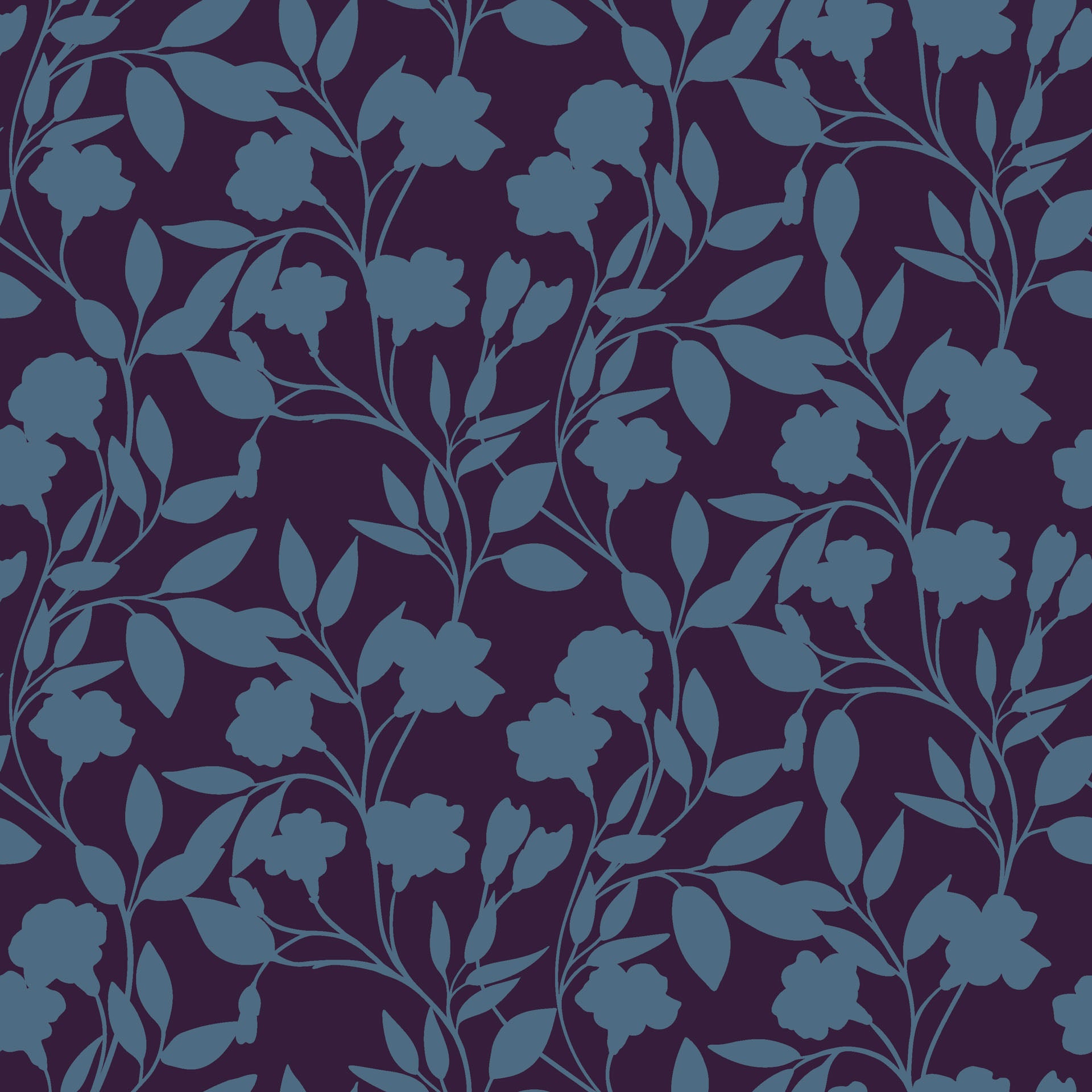 Deep plum wallpaper overlaid with blue shadowed vines and flowers (Twilight Bloom)